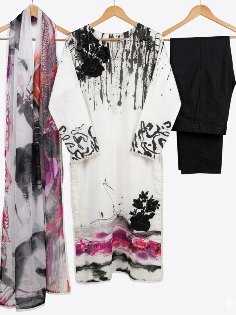 Original Maria BWhite Floral Printed Kurta Set with Black Pants and Pink Accents